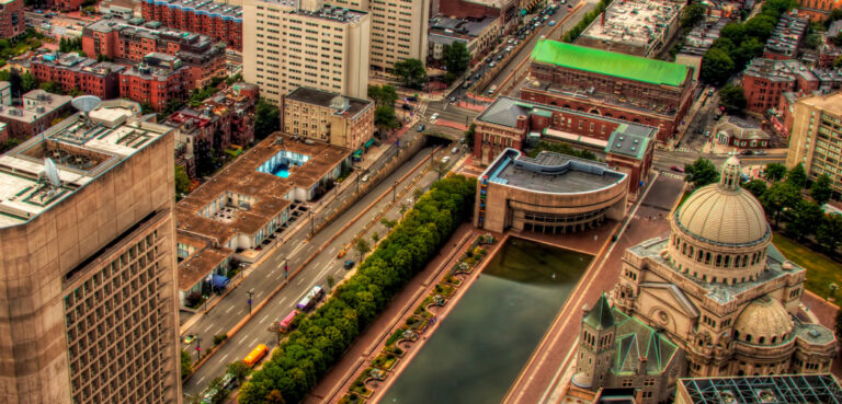 Downtown Boston as seen from a high angle on a wet day.