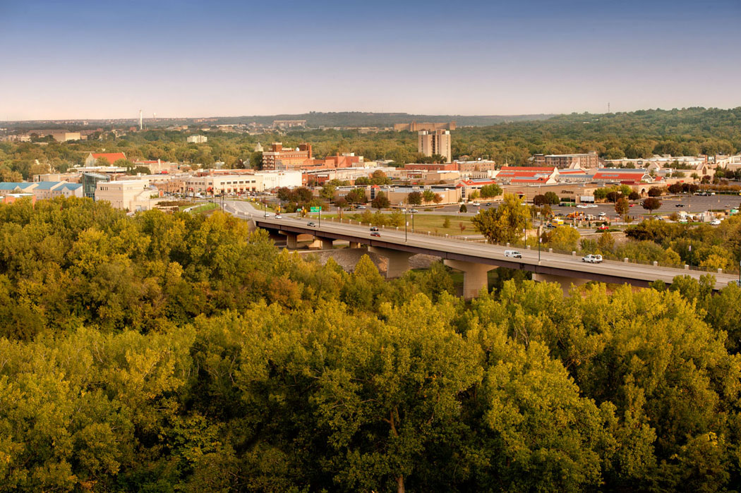 A view of the Manhattan, Kansas skyline overlooing the Kansas River.