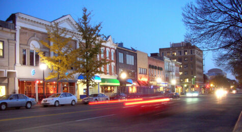 Twilight on a street in Downtown Iowa City