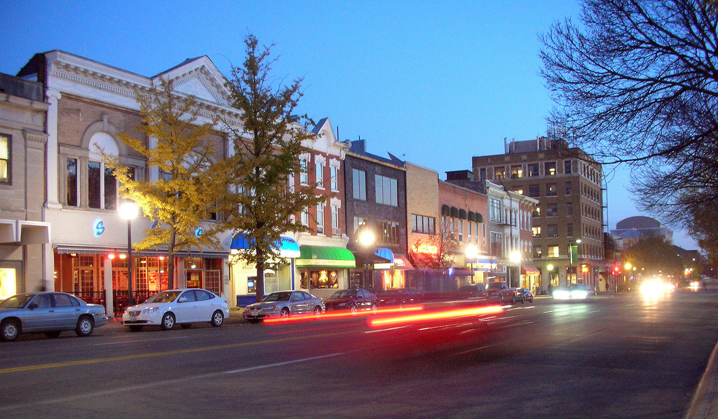 Twilight on a street in Downtown Iowa City