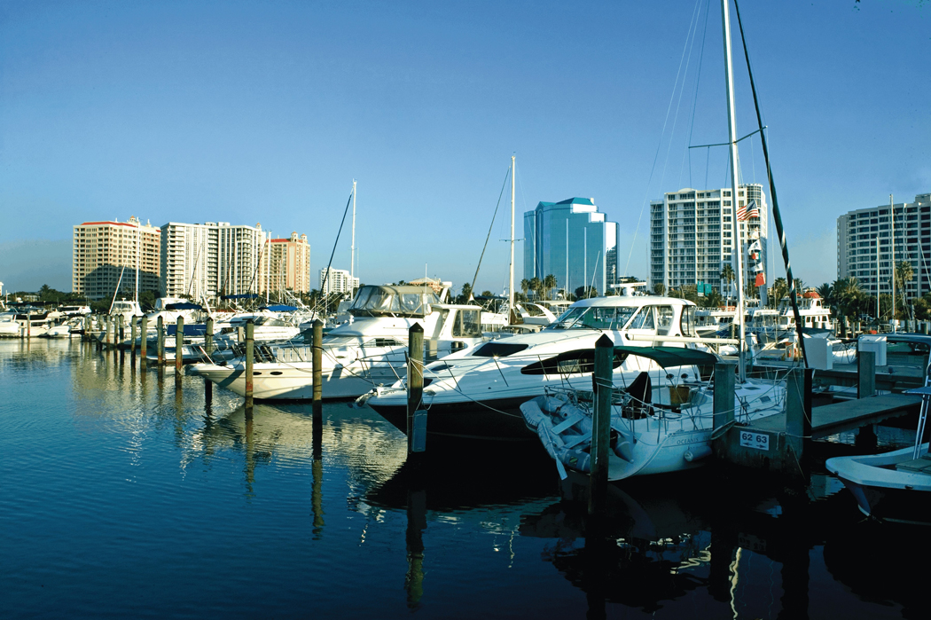 Boats docked in Sarasota Bay in Sarasota, Florida.