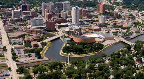 Aerial view of Rochester, MN, showing the Zumba River