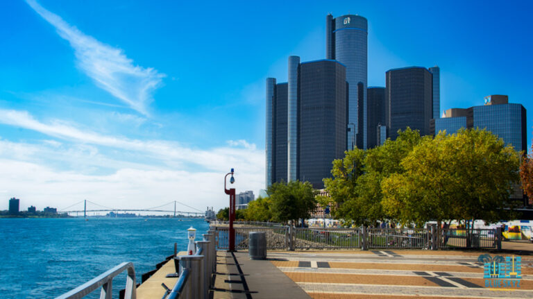 skyline of downtown Detroit along the Detroit River