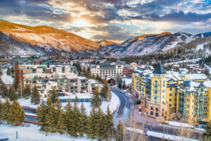 Vail, Colorado, USA Drone Village Skyline Aerial.