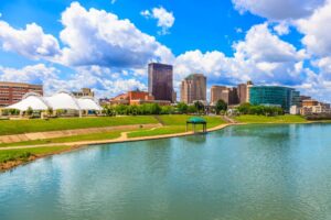 View of the Dayton, Ohio, skyline with the Miami River.