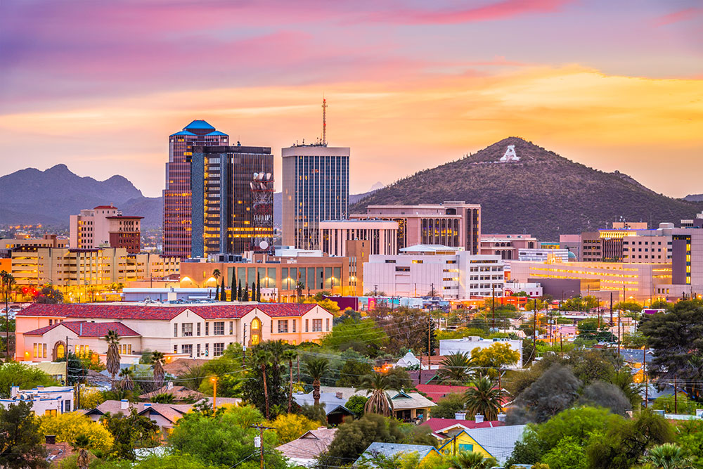 Aerial shot of downtown Tucson, Arizona, which is a great spot for an outdoorsy weekend.