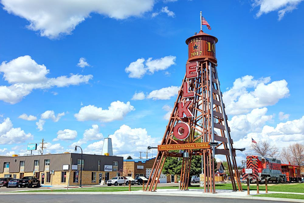 Daytime view of the Chilton Centennial Tower located in the heart of Elko on Seventh Street between Railroad and Commercial streets
