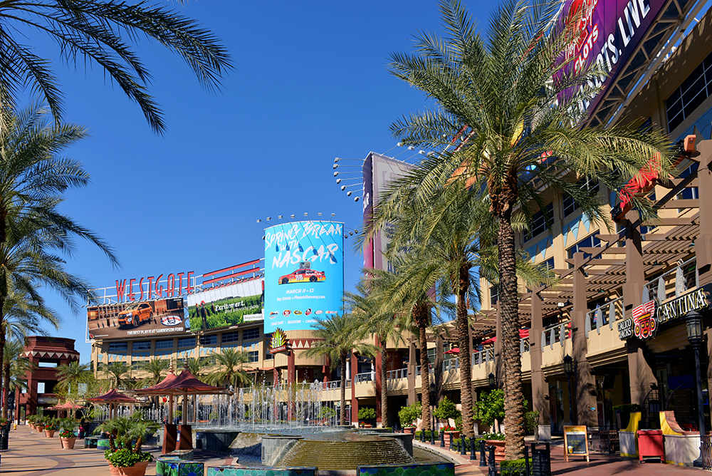 A portion of the central court of the Westgate Entertainment District which houses the Gila River Arena, home of the NHL team Arizona Coyotes