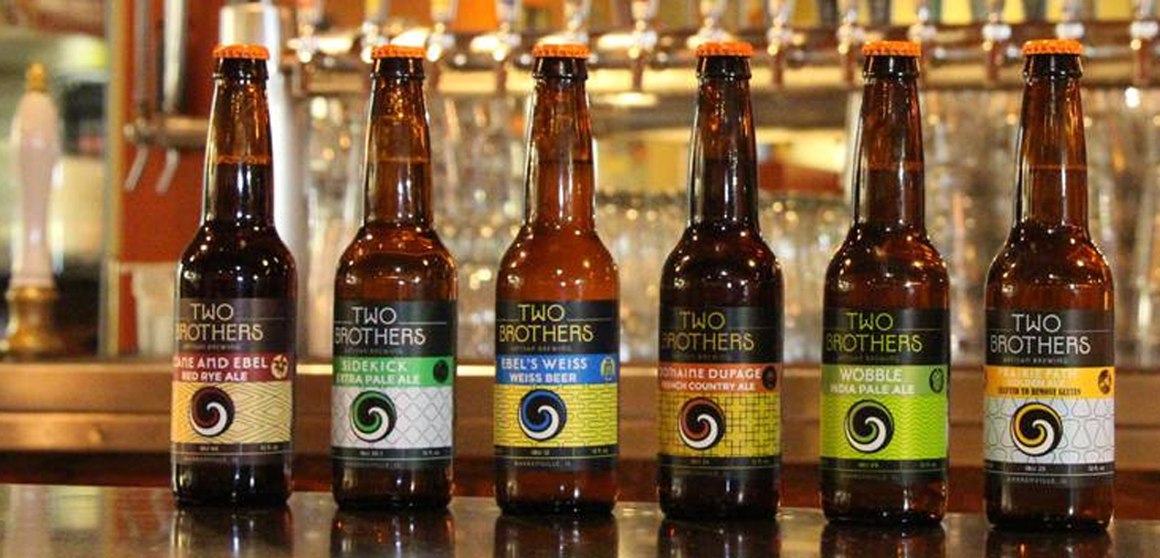 Beer bottles on display at Two Brothers Brewing Co.