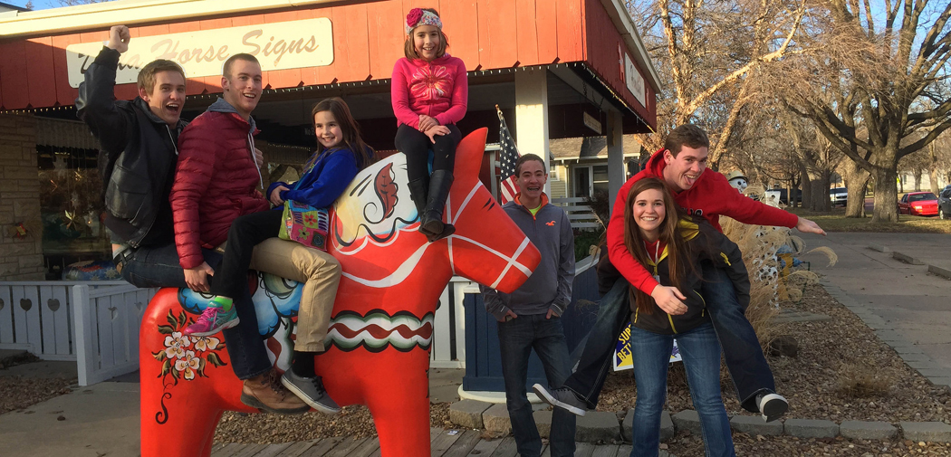 Visitors have fun in Lindsborg, Kansas.