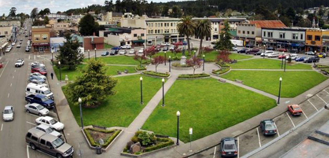 A view of The Arcata Plaza in Arcata, California.