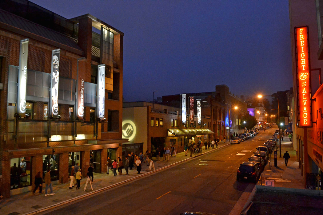 Nighttime view of Downtown Berkeley’s Addison Street, home to Berkeley Repertory Theatre, the California Jazz Conservatory, Freight & Salvage Coffeehouse, and Aurora Theatre.