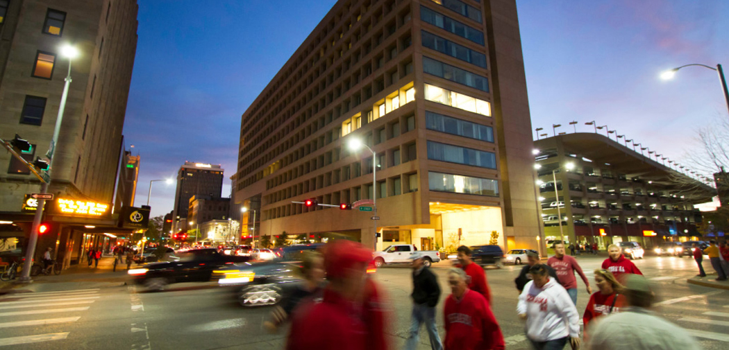 Downtown Lincoln, Nebraska after a home Husker football game.