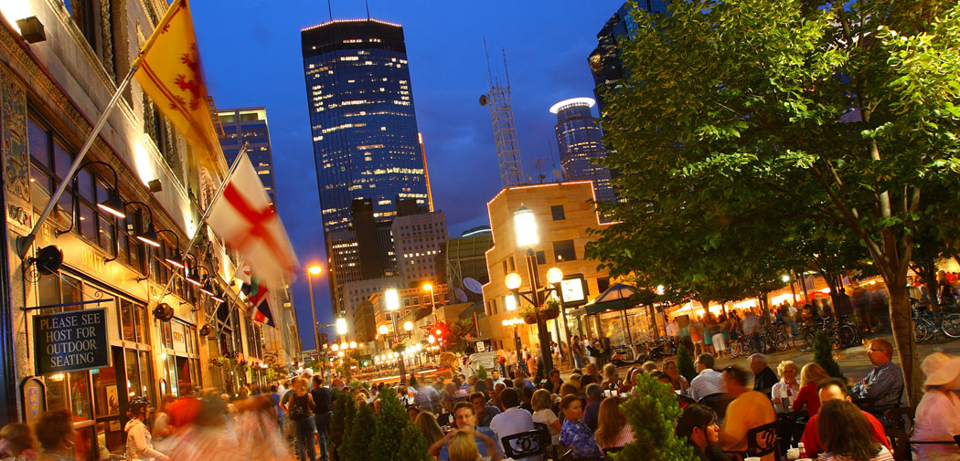 A view of Nicollet Mall, a major shopping hub in downtown Minneapolis, Minnesota.