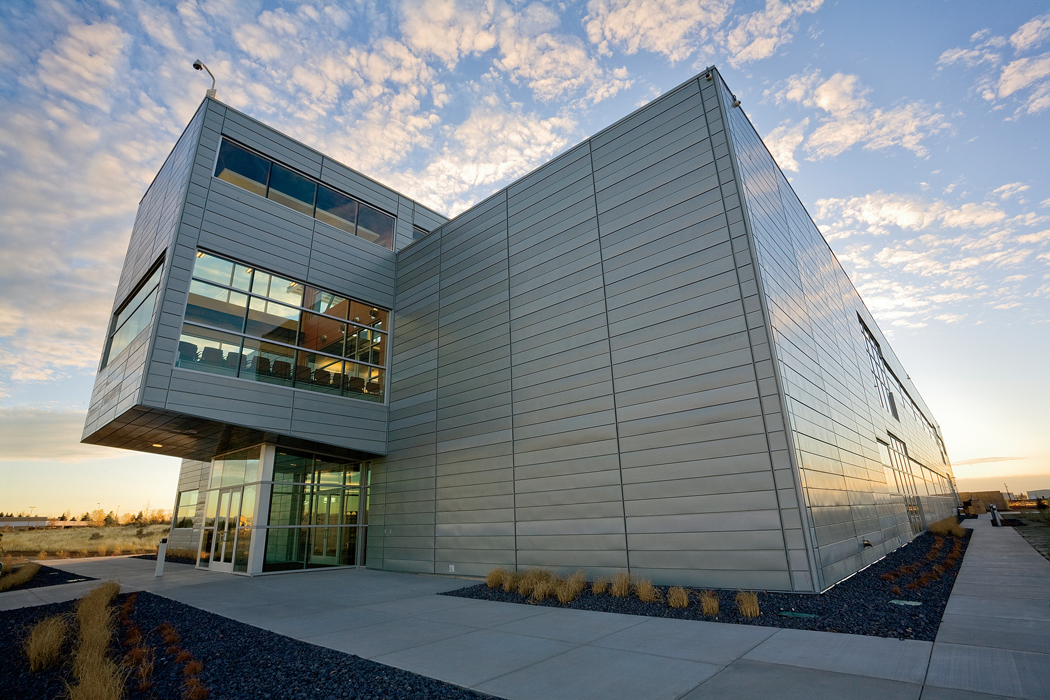 Outside the Idaho National Laboratory, a square building.