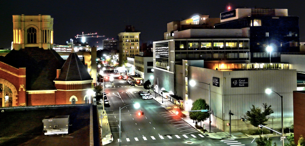 Night lights glow in downtown Lincoln, NE.