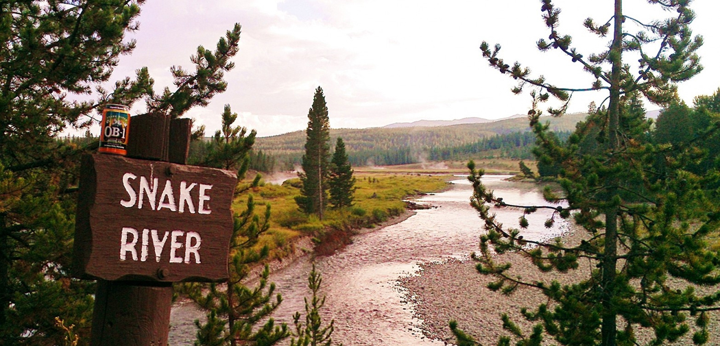 Beer can rests on a sign overlooking Snake River in Jackson, WY.