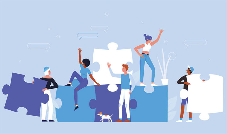 Illustration of people each holding a puzzle piece