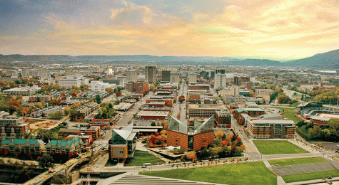 Downtown aerial shot over Chattanooga TN