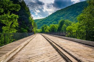 Bridge and mountains in Lehigh Gorge State Park, Pennsylvania.