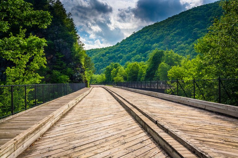 Bridge and mountains in Lehigh Gorge State Park, Pennsylvania.