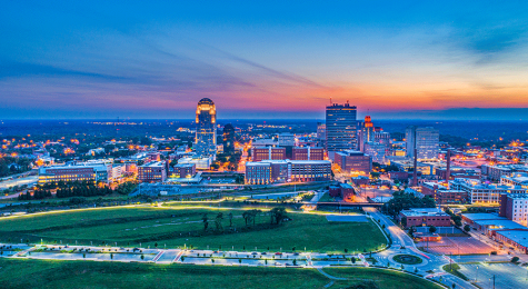Winston-Salem North Carolina NC Downtown Skyline Aerial at Sunset.