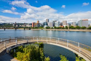 Skyscrapers in downtown Portland Oregon next to a Willamette River