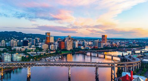 Sunrise over the city in Portland, Oregon
