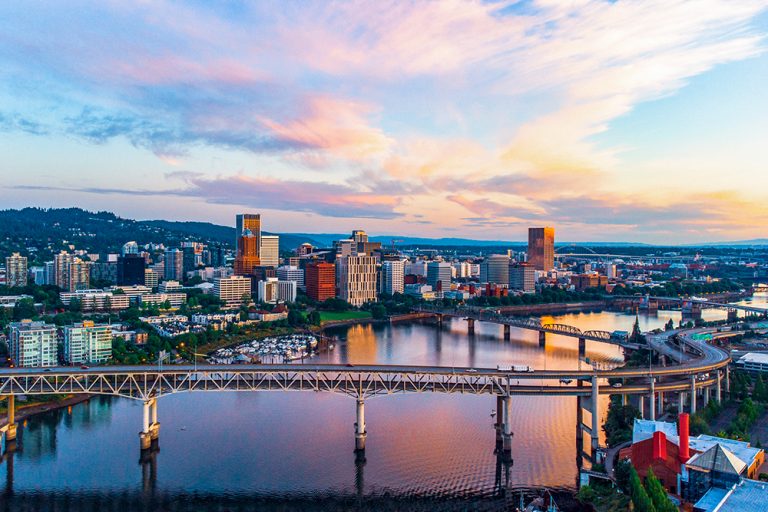 Sunrise over the city in Portland, Oregon