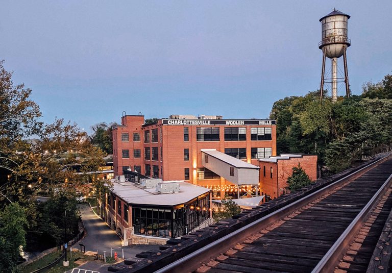 Exterior shot of The Wool Factory in Charlottesville, VA, which is a repurposed industrial building.