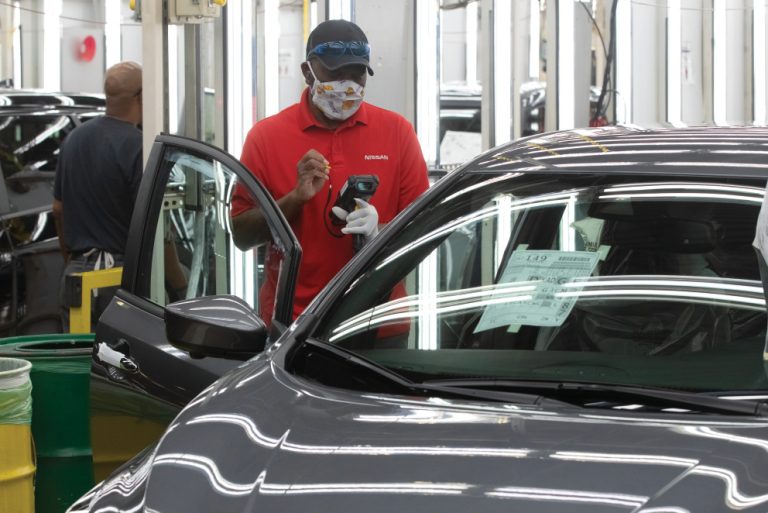 Nissan Leaf electric vehicles are inspected at the end of the production line at the Nissan Smyrna manufacuring plant in Smyrna, Tennessee