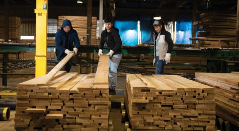 Esdras Velasquez, in black, stacks freshly sawn lumber with Nicolas Mejia, in blue, at the Frank Miller Lumber Company in Union City.