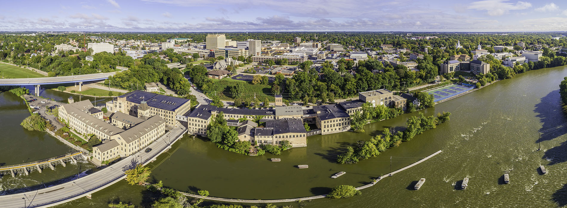 Sunrise aerial view of beautiful Appleton Wisconsin waterfront.