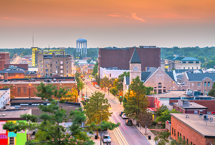 Columbia, Missouri, USA downtown city skyline at twilight.