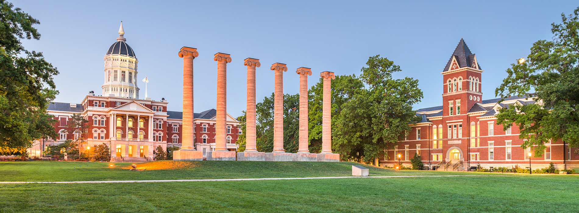 Columbia, Missouri, USA historic columns at twilight.