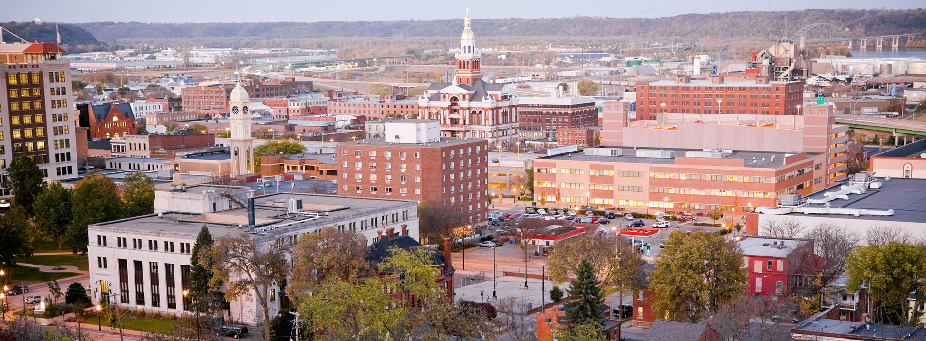 Aerial view of Dubuque, Iowa, just after sunset.