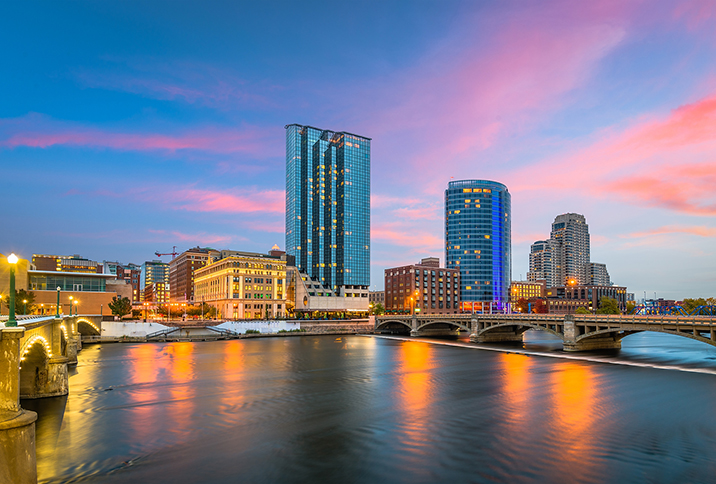 Nighttime view of downtown Grand Rapids, MI