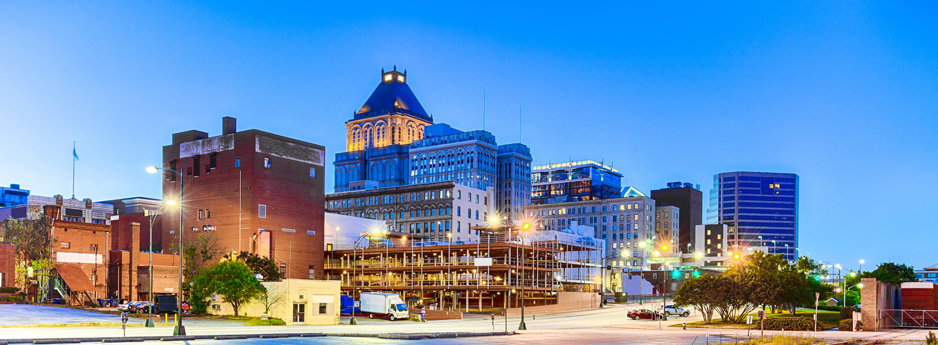 Downtown Greensboro, North Carolina in the evening