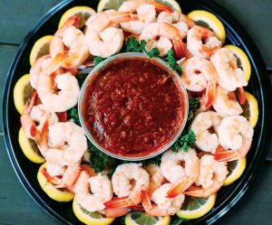 Above plate shot of a shrimp cocktail platter from Hull's Seafood Restaurant, a restaurant in the Greater Daytona Region of Florida.