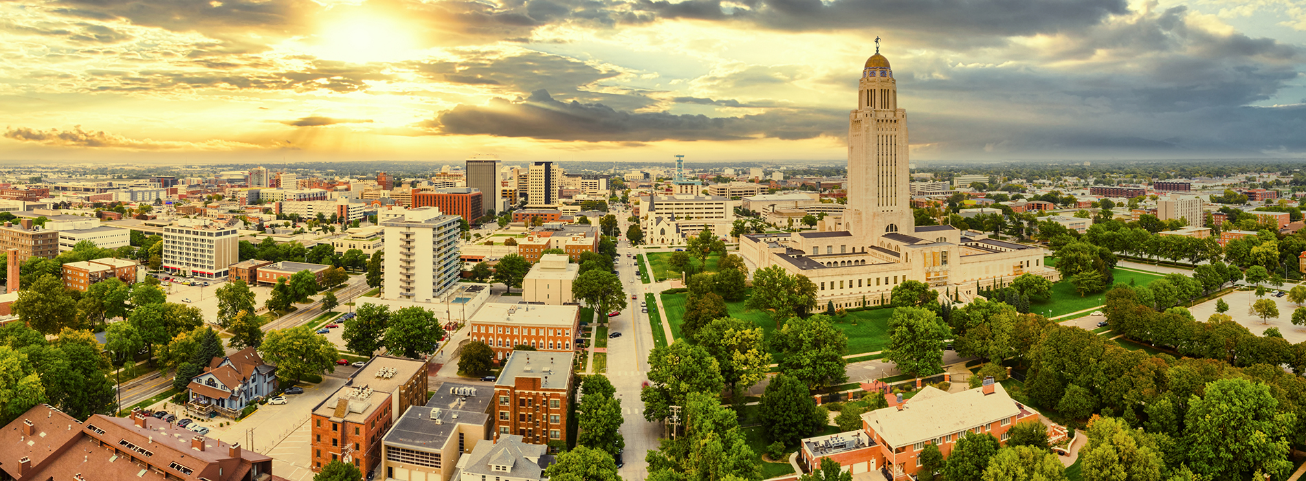 Aerial panorama of Lincoln, Nebraska at sunset