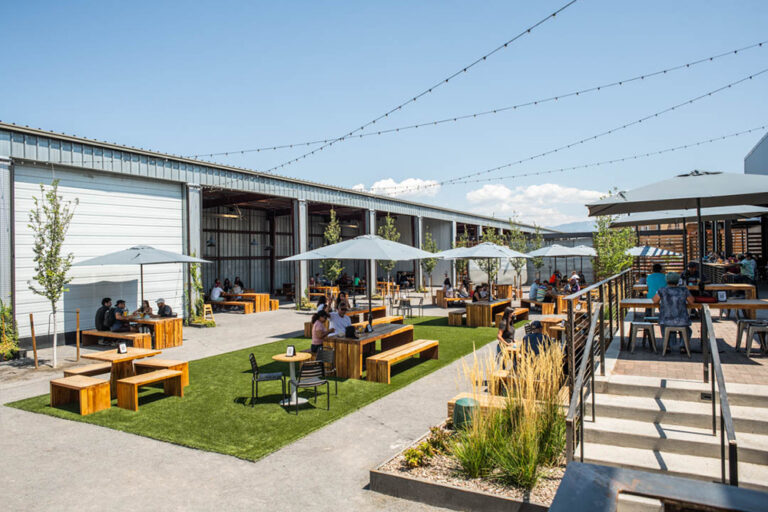 Outdoor space at the Saw Mill Market, a repurposed building and meeting space in Albuquerque, New Mexico.