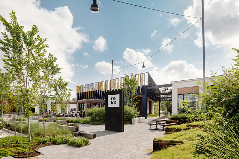 Exterior shot of the MKT, a repurposed, mixed-use building in Houston, Texas.