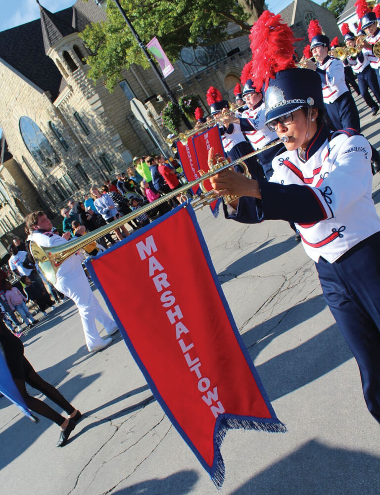 Marshalltown High School band at Oktemberfest parade in Iowa