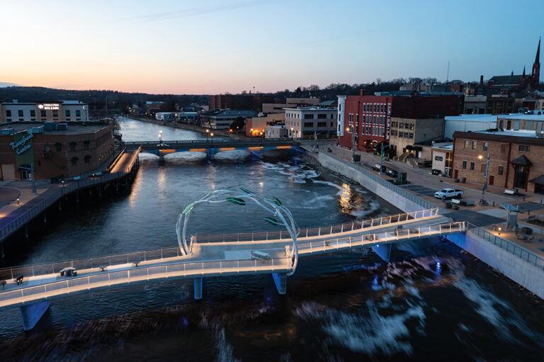 The pedestrian bridge over the Rock River in downtown Janesville, part of the Greater Madison Region.