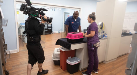 Dr. Terrence Ferguson being filmed at the Critter Fixer clinic in Bonaire, Georgia for the show Critter Fixers: Country Vets. ©Journal Communications/Jeff Adkins