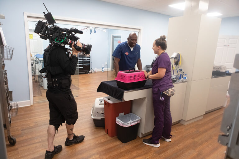 Dr. Terrence Ferguson being filmed at the Critter Fixer clinic in Bonaire, Georgia for the show Critter Fixers: Country Vets. ©Journal Communications/Jeff Adkins