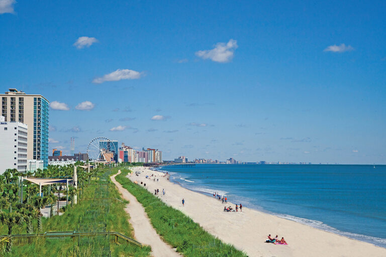 The Myrtle Beach, South Carolina, shoreline pictured on a sunny day.