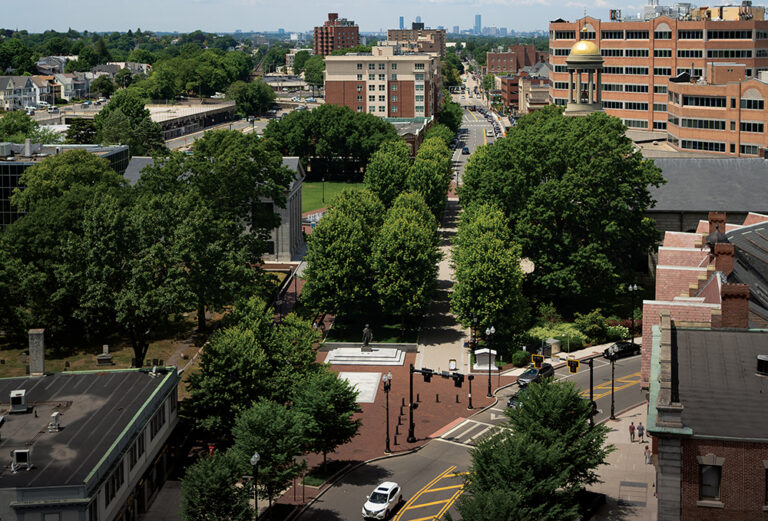Aerial shot of the Hancock Adams Common in Quincy, MA.