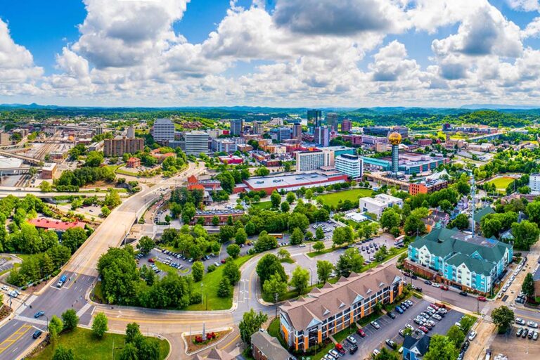 Looking for a new hometown? Consider relocating to Knoxville, TN. Knoxville, TN, Downtown Skyline Aerial