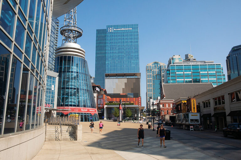 The Alliance Bernstein offices can be seen above Lower Broadway in downtown Nashville, Tennessee.